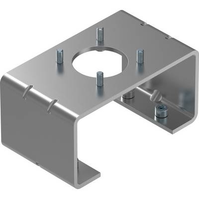 Metalen bevestigingsbeugel met montageOpeningen en schroeven, gebruikt voor het monteren van apparaten op een oppervlak.