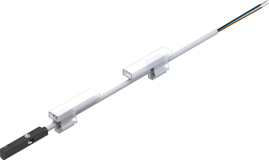 Een witte, buisvormige sensor met zwarte connector en kabel; gemonteerd op een transparante houder.