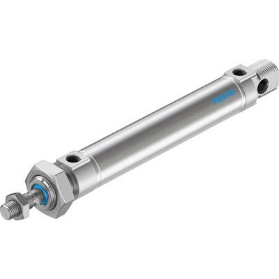 Cilinder van Festo van metaal met twee aansluitingen, een beweegbare zuiger en een blauwe markering aan de zijkant.