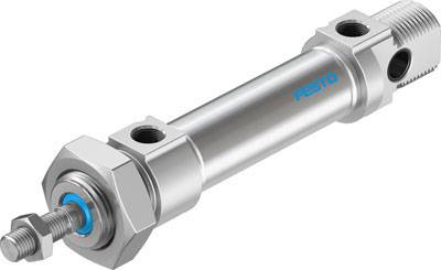 Pneumatische cilinder van Festo, zilver met blauwe markeringen, toont draadstang en bevestigingspunten, voor industriële toepassingen.