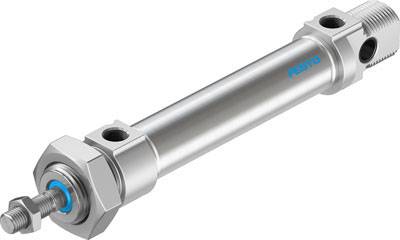 Zilveren pneumatische cilinder met aansluitingen aan beide uiteinden, geschikt voor industriële toepassingen.