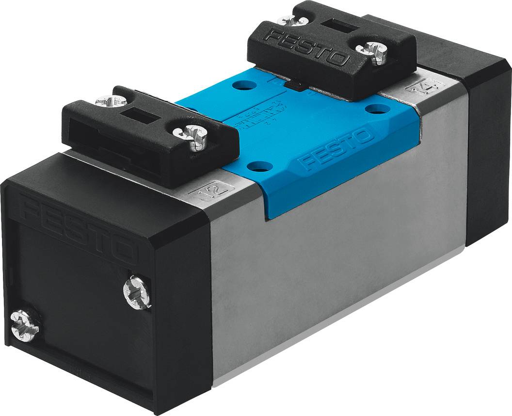 Een rechthoekig ventiel van metaal en kunststof in zwart, blauw en zilver. Opschrift 'Festo', technisch onderdeel voor pneumatische systemen.