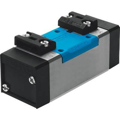 Een rechthoekig ventiel van metaal en kunststof in zwart, blauw en zilver. Opschrift 'Festo', technisch onderdeel voor pneumatische systemen.