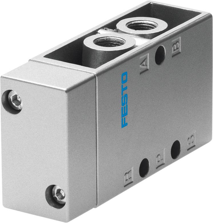 Rechthoekige, zilveren pneumatische adapter van Festo met twee schroefdraadaansluitingen en gemarkeerde letters A en B.