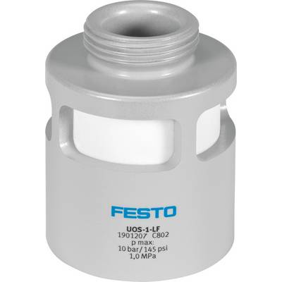 Zilveren Festo persluchtfilter, model UOS-1-LF, toont maximale drukgegevens: 10 bar/145 psi, 1,0 MPa.