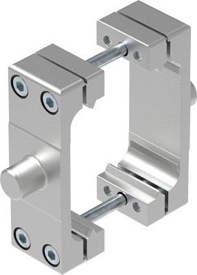 Metalen scharnier met twee parallelle platen, verbonden door schroeven, toont de structuur en verbindingstechniek. Geschikt voor technische toepassingen.