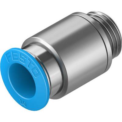 Metalen pneumatische snelkoppeling met blauwe kunststof afdichting, cilindrische vorm, geschikt voor perslucht toepassingen.