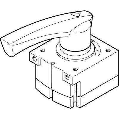 Zwart-witte technische tekening van een handmatige hefschakelaar. De hendel is schuin geplaatst en gemonteerd op een rechthoekige voet.