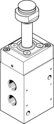 Een technische tekening van een mechanische hefboom op een rechthoekig blok, zijdelingse bevestigingsgaten zichtbaar.