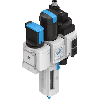 Een pneumatisch persluchtonderhoudsapparaat met manometer en blauwe bedieningselementen, dat wordt gebruikt voor industriële toepassingen.