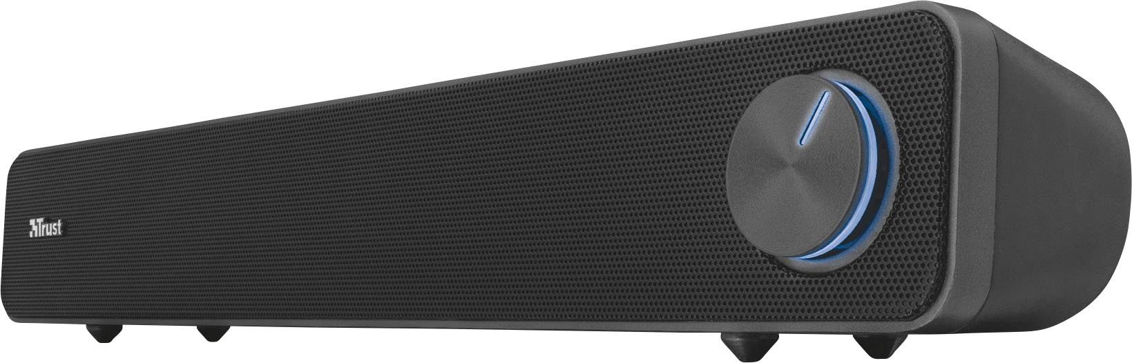 Een zwarte soundbar met een grote draaiknop aan de zijkant, geschikt voor gebruik bij een computer of televisie.