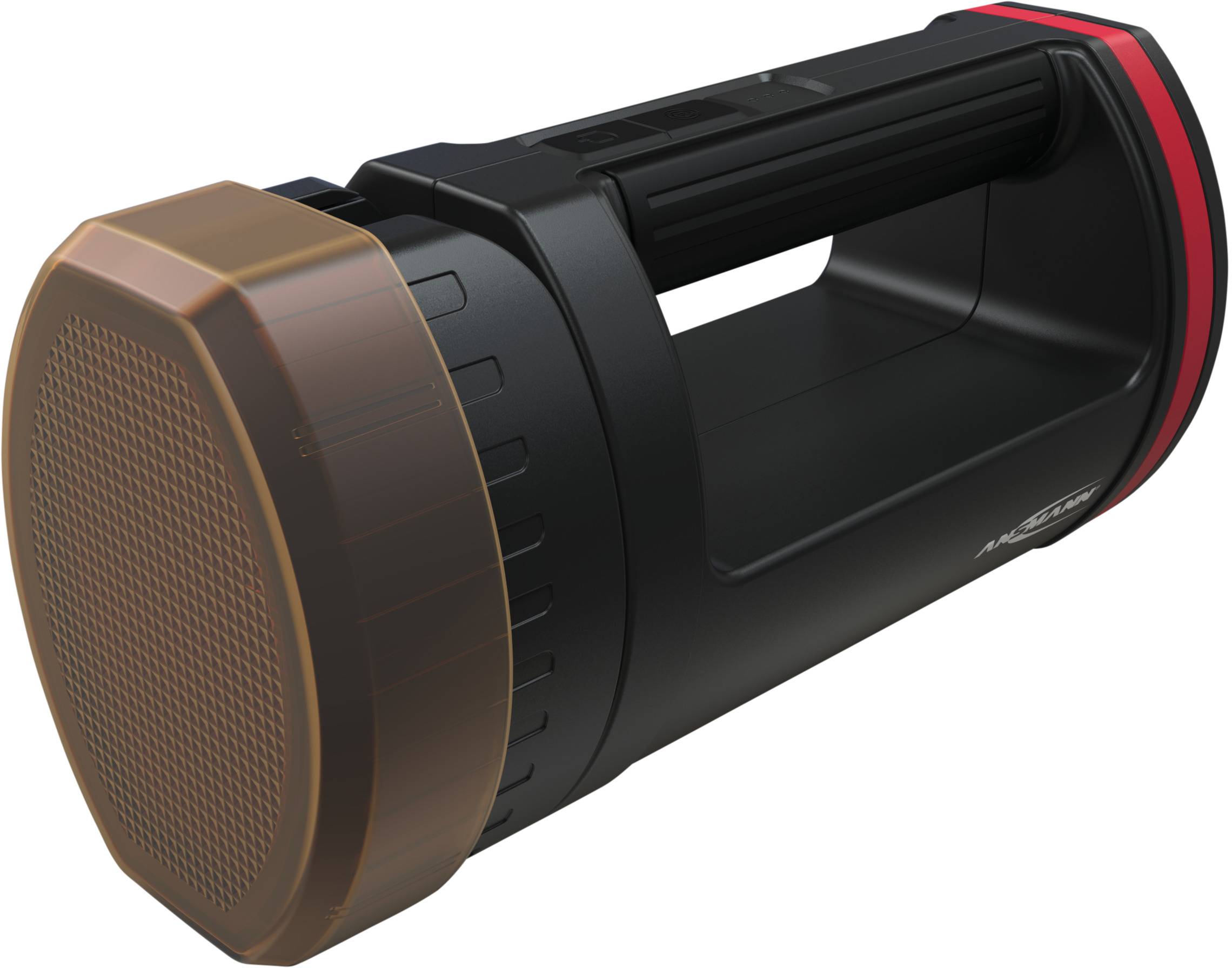 Zwarte en rode zaklamp met robuuste handgreep, ideaal voor buitenactiviteiten.