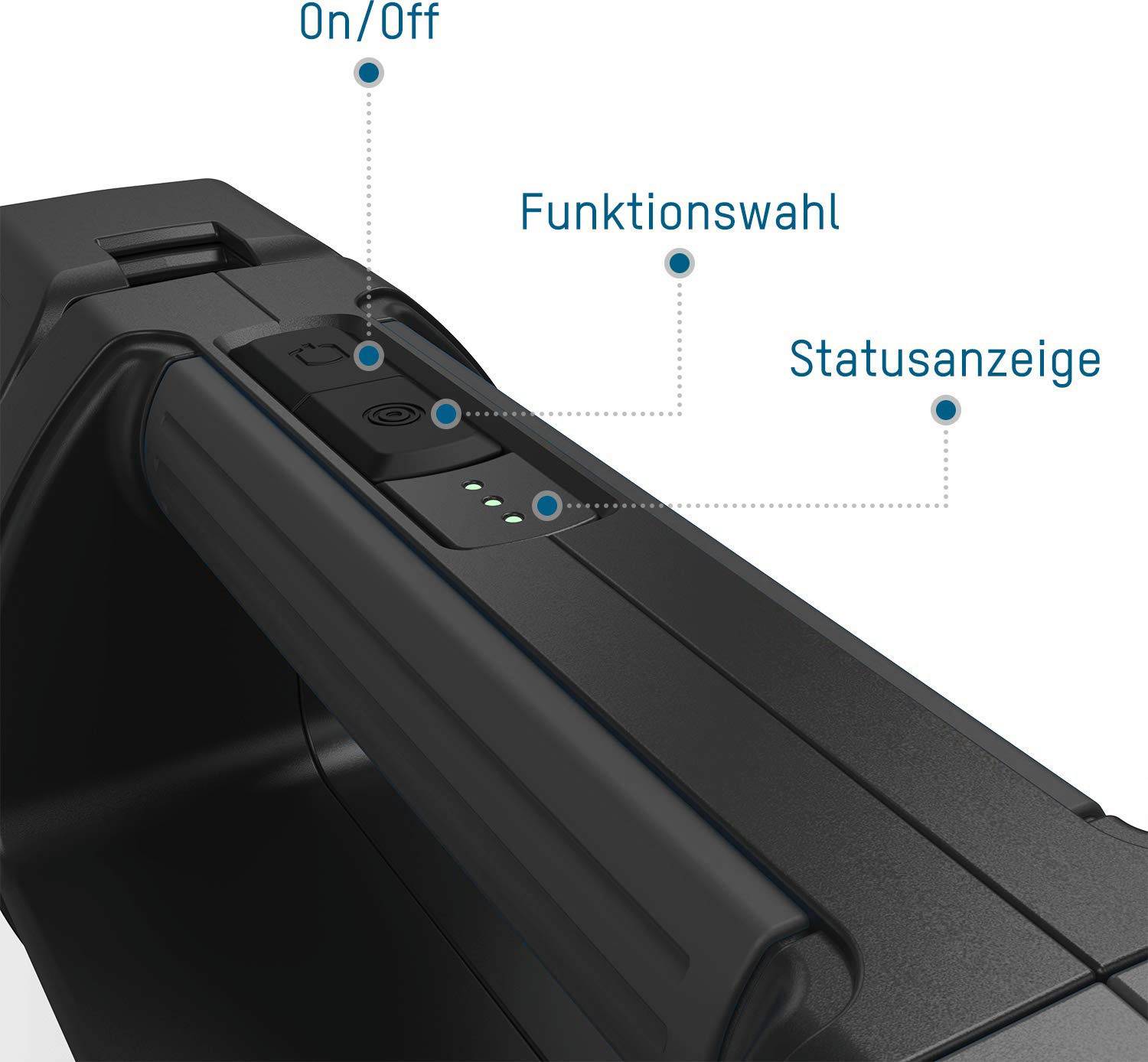 Close-up van een apparaatgreep: Drie knoppen met labels 'Aan/Uit', 'Functiekeuzeschakelaar' en 'Statusweergave'.