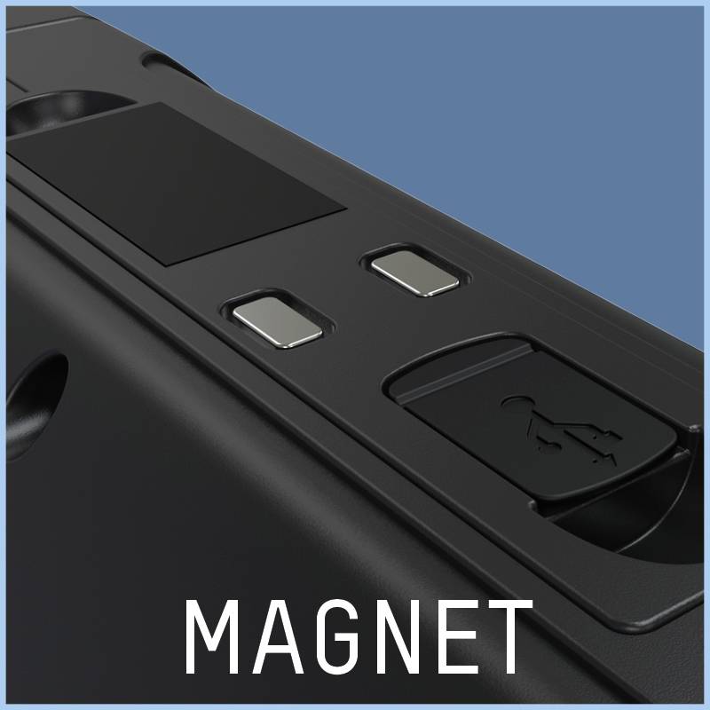 Een zwart technisch apparaat met drie knoppen, waarvan één met een USB-symbool. Onderschrift 'MAGNET' onderaan de afbeelding.