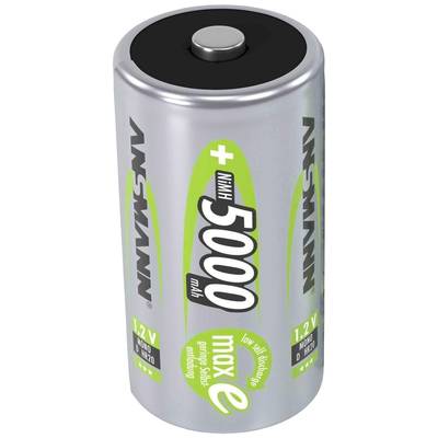 Zilveren 1,2V Mignon oplaadbare batterij met opschrift 'ANSMANN 5000 mAh', groene accenten, cilindrische vorm.