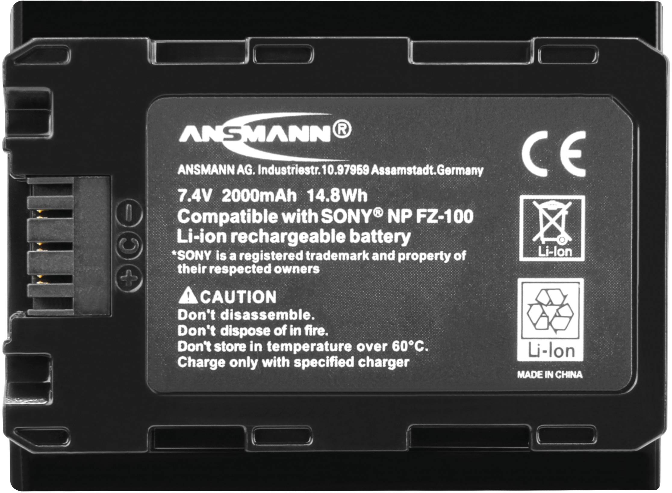 Batterij met opschrift 'ANSMANN', 7,4V, 2000mAh, 14,8Wh, compatibel met Sony NP FZ-100. Waarschuwingen: Niet uit elkaar halen, weggooien of opslaan bij temperaturen boven 60°C. Gemaakt in China.