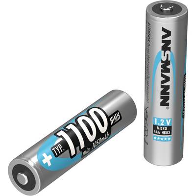 Twee AAA-batterijen van het merk Ansmann, één liggend en één staand, met een capaciteit van 1100 mAh en een spanning van 1,2 V.