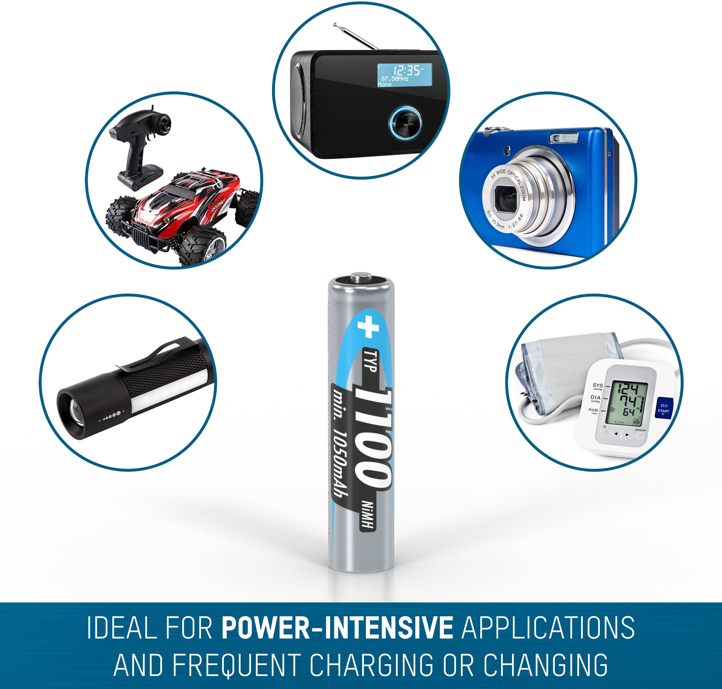 'Alkaline-batterij Type 1100 mAh, ideaal voor apparaten met hoge energiebehoefte en frequent laden/verwisselen. Afgebeeld zijn afstandsbediende auto, radio, camera, zaklamp en bloeddrukmeter.'