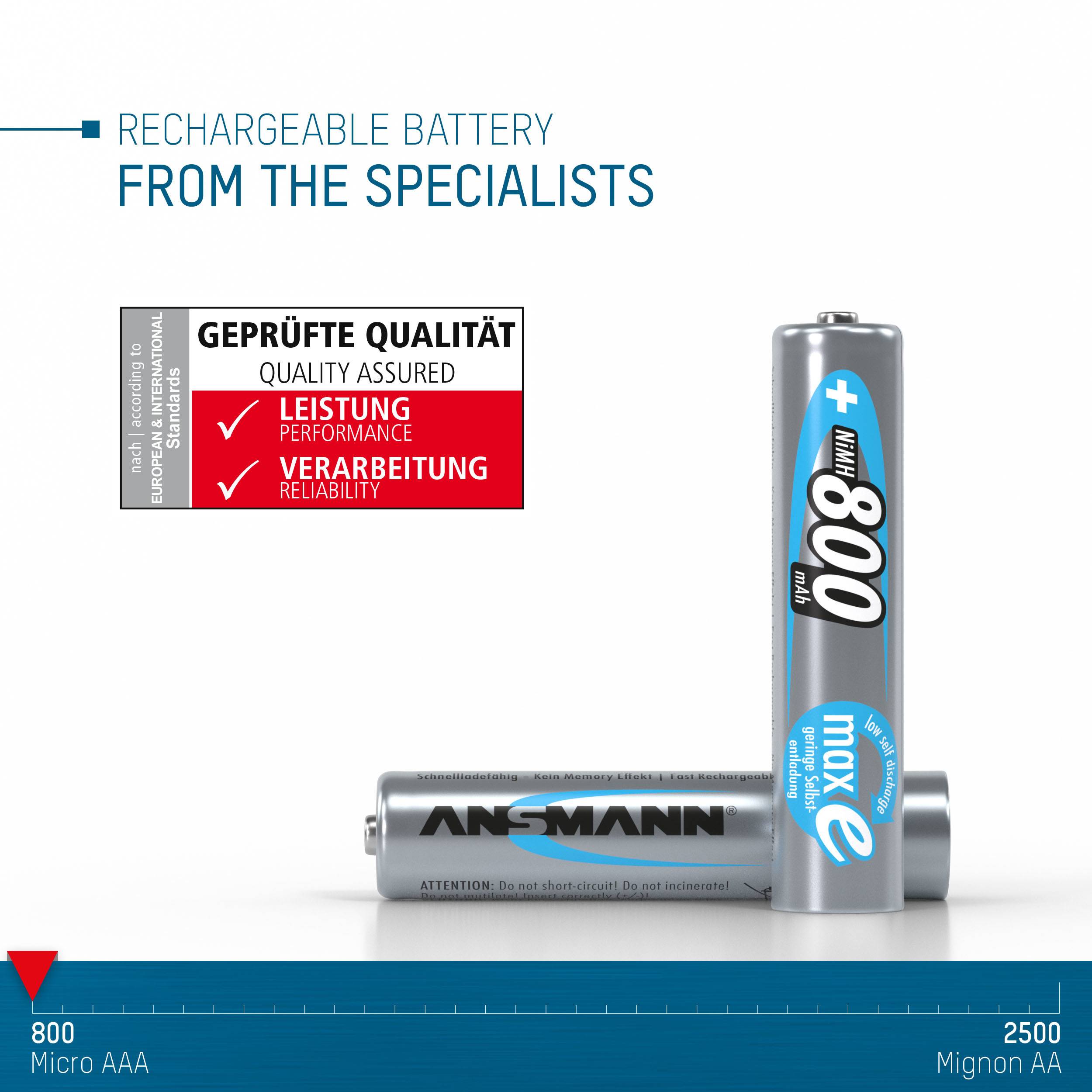 Accustatief met blauwe '800 mAh'-opdruk, tekst 'Oplaadbare batterij, Van de specialisten'. Kwaliteitszegel: Prestatie, Afwerking.