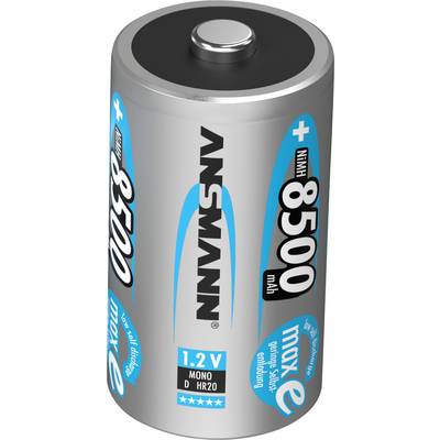 Een zilveren batterij van het merk Ansmann met de specificatie 8500 mAh, 1,2V, type Mono D HR20.