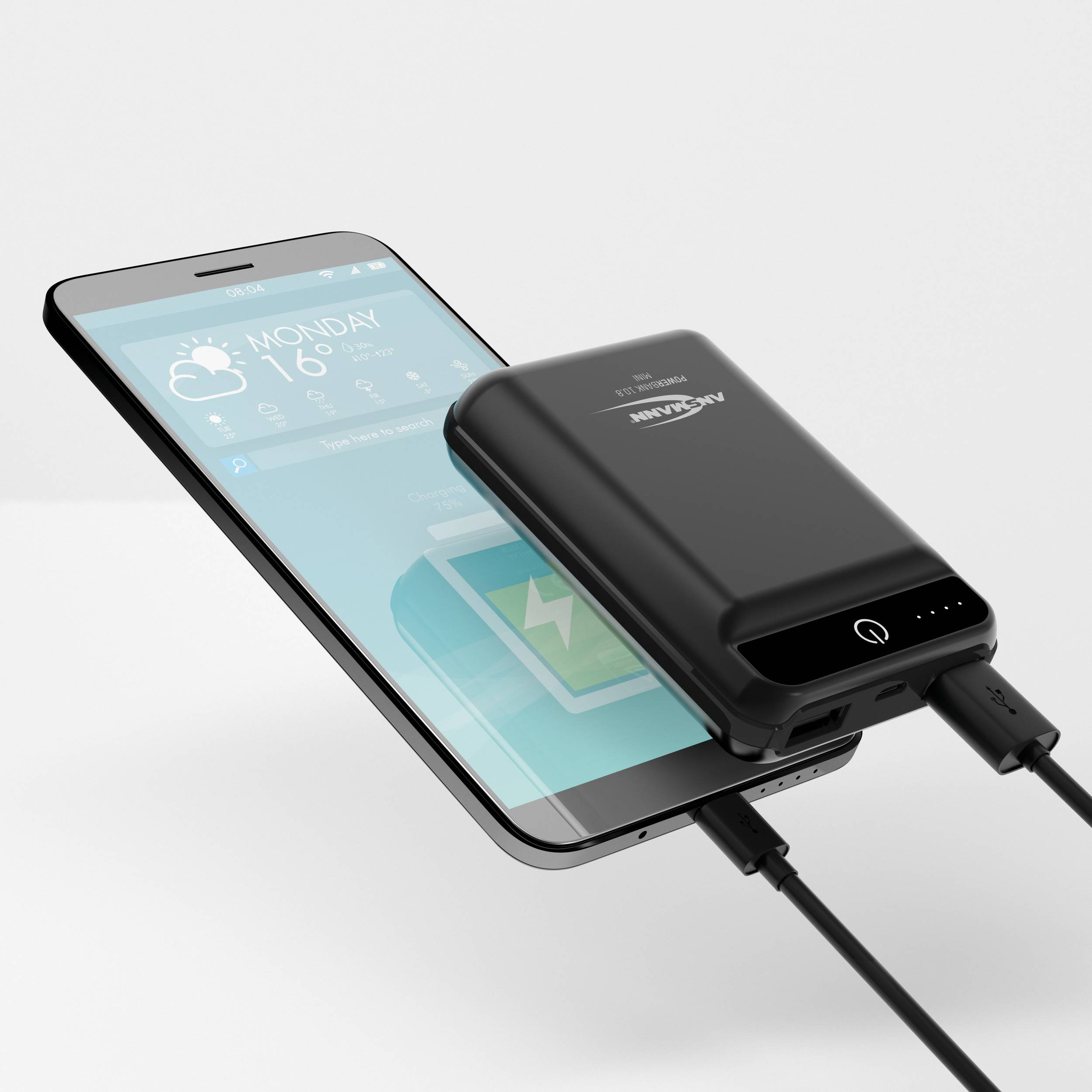 Een smartphone wordt draadloos opgeladen door een powerbank. Het display toont het laadsymbool. Een kabel is aangesloten op de powerbank.