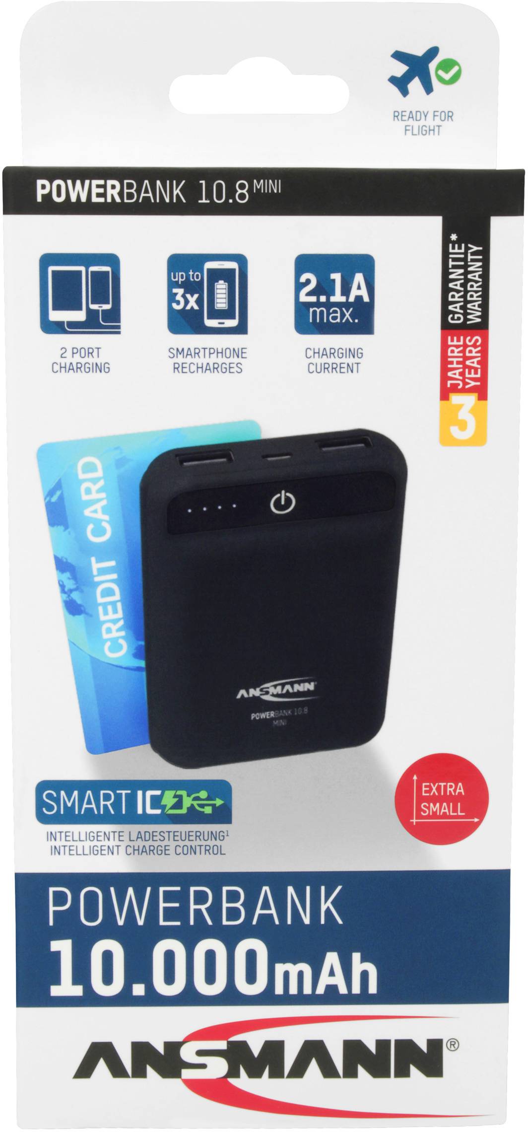 'Powerbank 10.000mAh' Verpakking met zwarte powerbank, creditcard als maatverwijzing, 2,1A max. laadstroom, 2 aansluitingen.