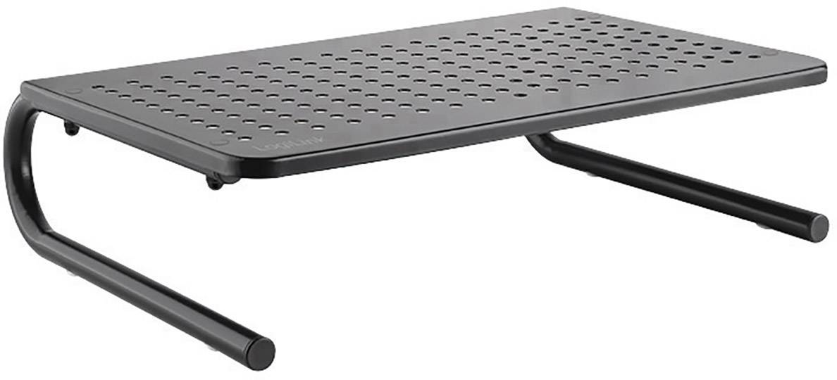 Een zwarte metalen standaard met geperforeerd oppervlak, geschikt voor het verhogen van monitors of laptops om ergonomisch werken te bevorderen.