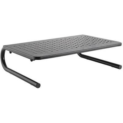 Een zwarte metalen standaard met geperforeerd oppervlak, geschikt voor het verhogen van monitors of laptops om ergonomisch werken te bevorderen.
