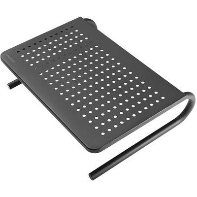 Een zwarte, geperforeerde laptopstandaard die rust op twee gebogen poten. Verhoogt de positie van de laptop voor betere ergonomie.