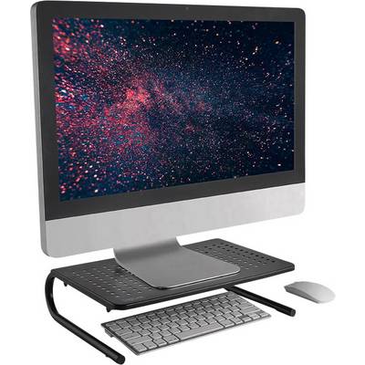 Een desktopcomputer op een zwarte monitorstandaard met toetsenbord en muis. Het scherm toont een abstract, kleurrijk patroon.