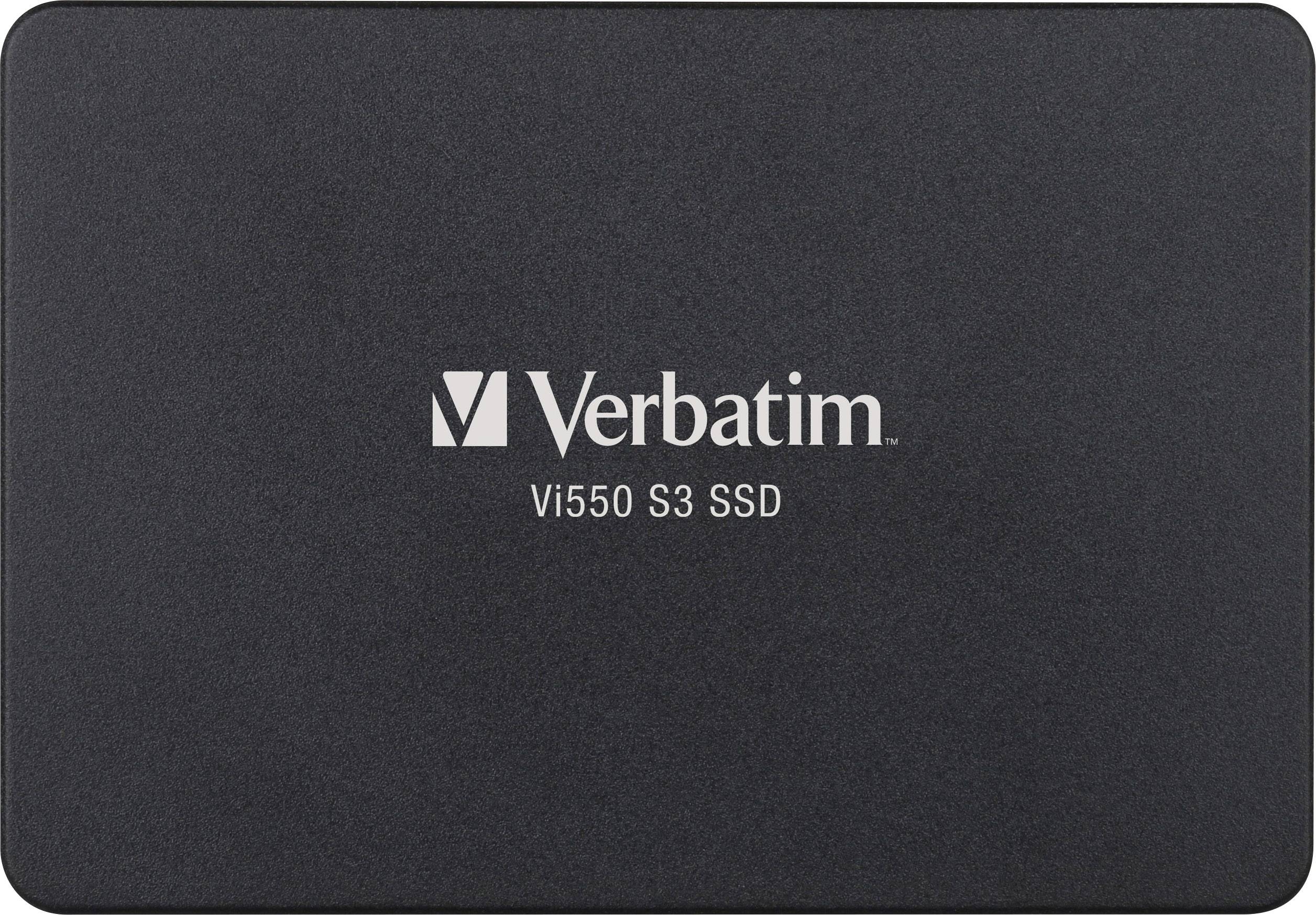 Zwarte SSD van Verbatim, model Vi550 S3, met bedrijfslogo en modelnaam in het wit aan de voorkant.