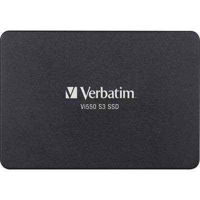 Zwarte SSD van Verbatim, model Vi550 S3, met bedrijfslogo en modelnaam in het wit aan de voorkant.