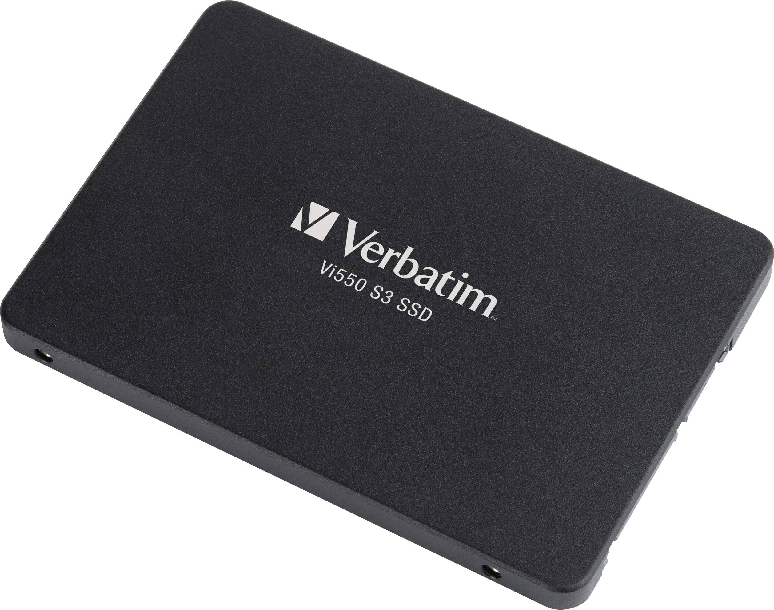 Zwarte SSD van Verbatim, model Vi550 S3, ligt plat. Productnaam en -merk zijn zichtbaar op de bovenkant.