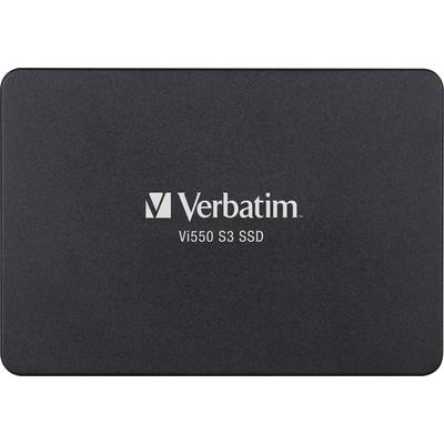 Een zwarte 'Verbatim Vi550 S3 SSD'-harde schijf, toont het merklogo en modelnummer in witte letters op de voorkant.