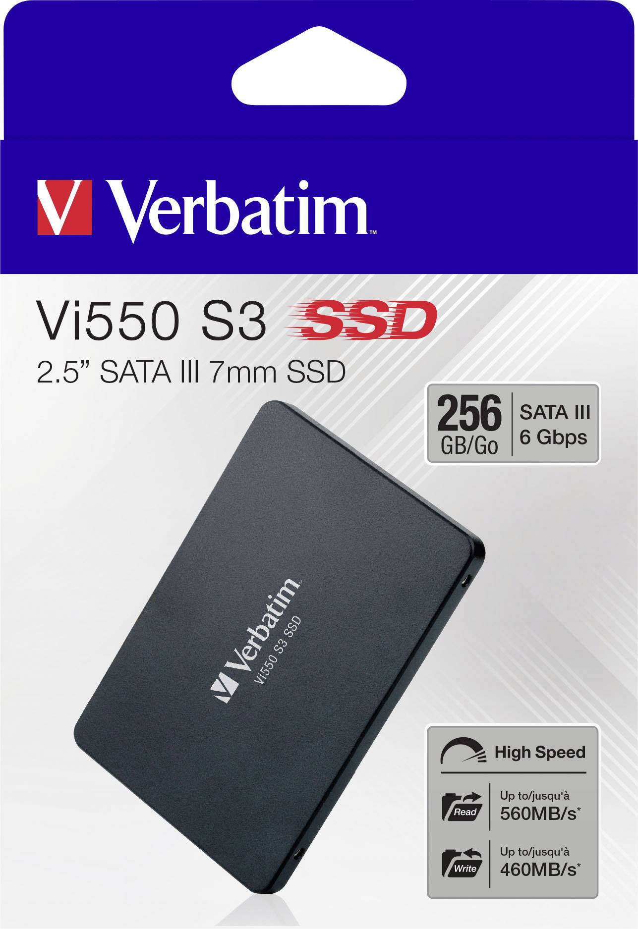 Verbatim Vi550 S3 SSD, 2,5" SATA III, 256 GB, hoge snelheid 560 MB/s lezen, 460 MB/s schrijven, op blauwe achtergrond.