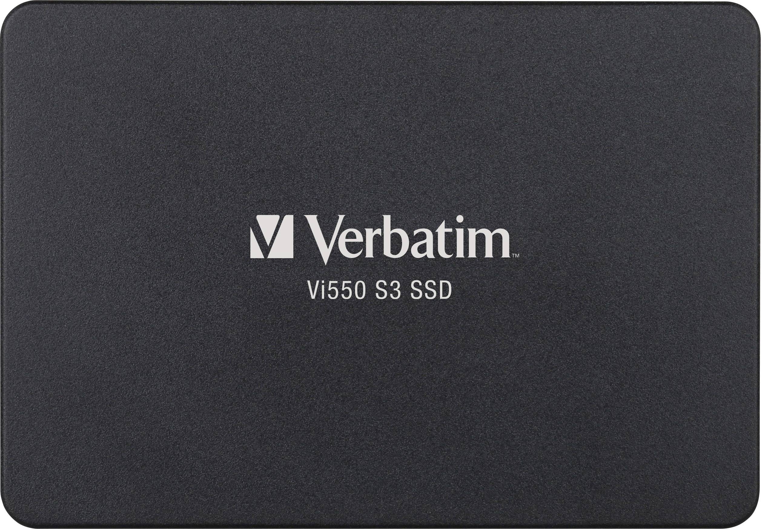 Externe SSD van Verbatim, model 'Vi550 S3'. Zwarte behuizing met wit logo en modelaanduiding in het midden.
