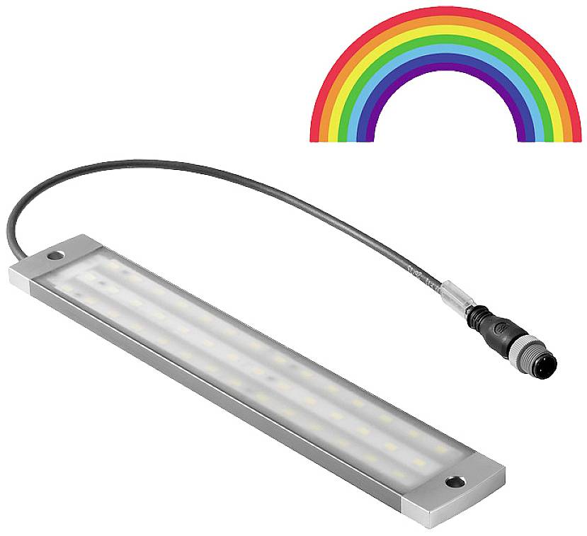 'LED-lamp met kabel' toont een rechthoekig, plat ontwerp. Rechtsboven in de afbeelding is een regenboog die lichtgevende kleuren voorstelt.