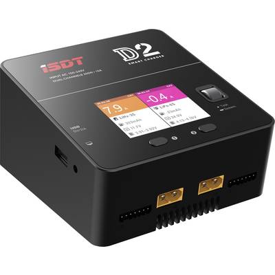 Zwart oplader met digitaal display. Toont laadgegevens: 7,9A, -0,4V, capaciteit 702 mAh. Twee aansluitingen onderaan.