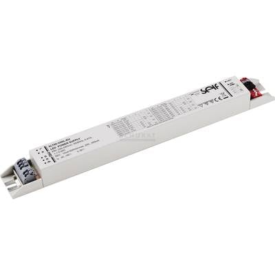 Een rechthoekige LED-voeding met technische specificaties en aansluitingen aan beide uiteinden, geschikt voor LED-verlichting.