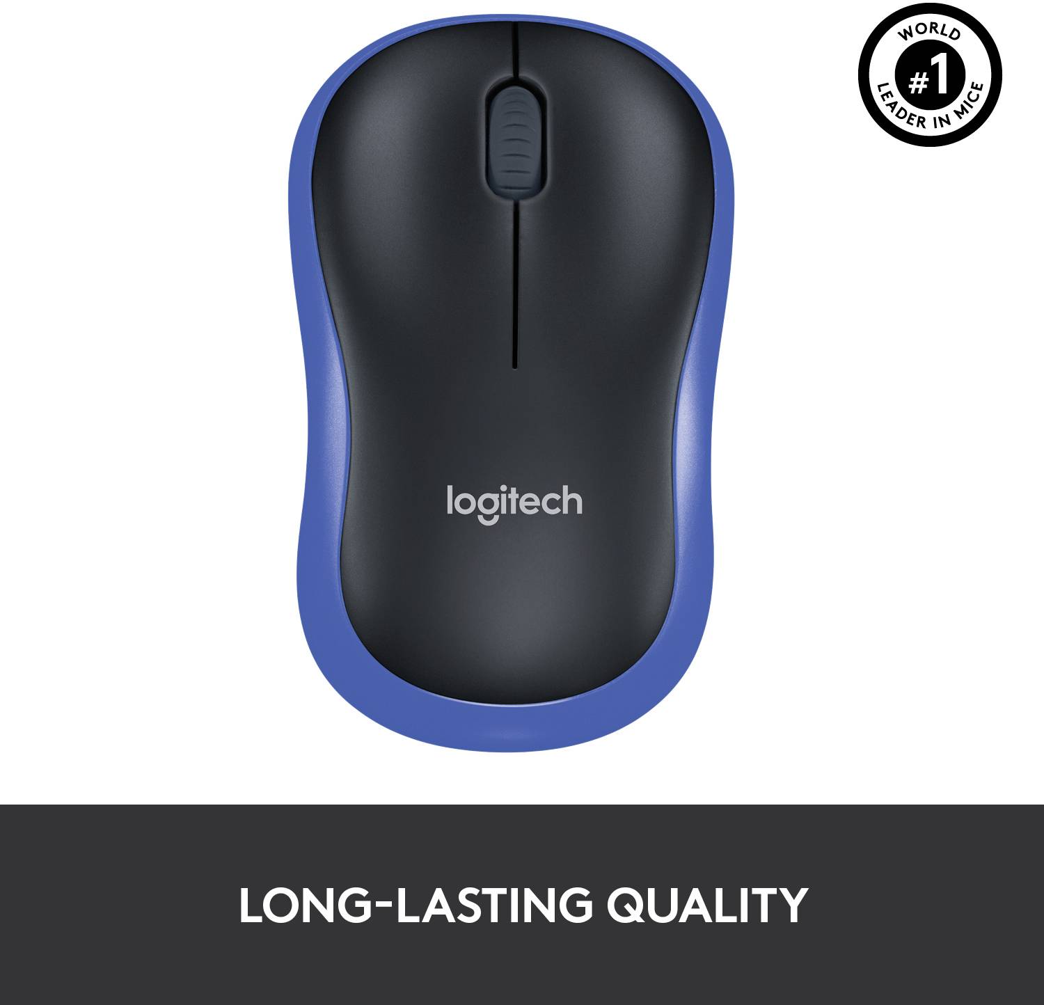 Zwarte computermuis van het merk Logitech met blauwe rand, daaronder de tekst 'Robuuste productenkwaliteit'.