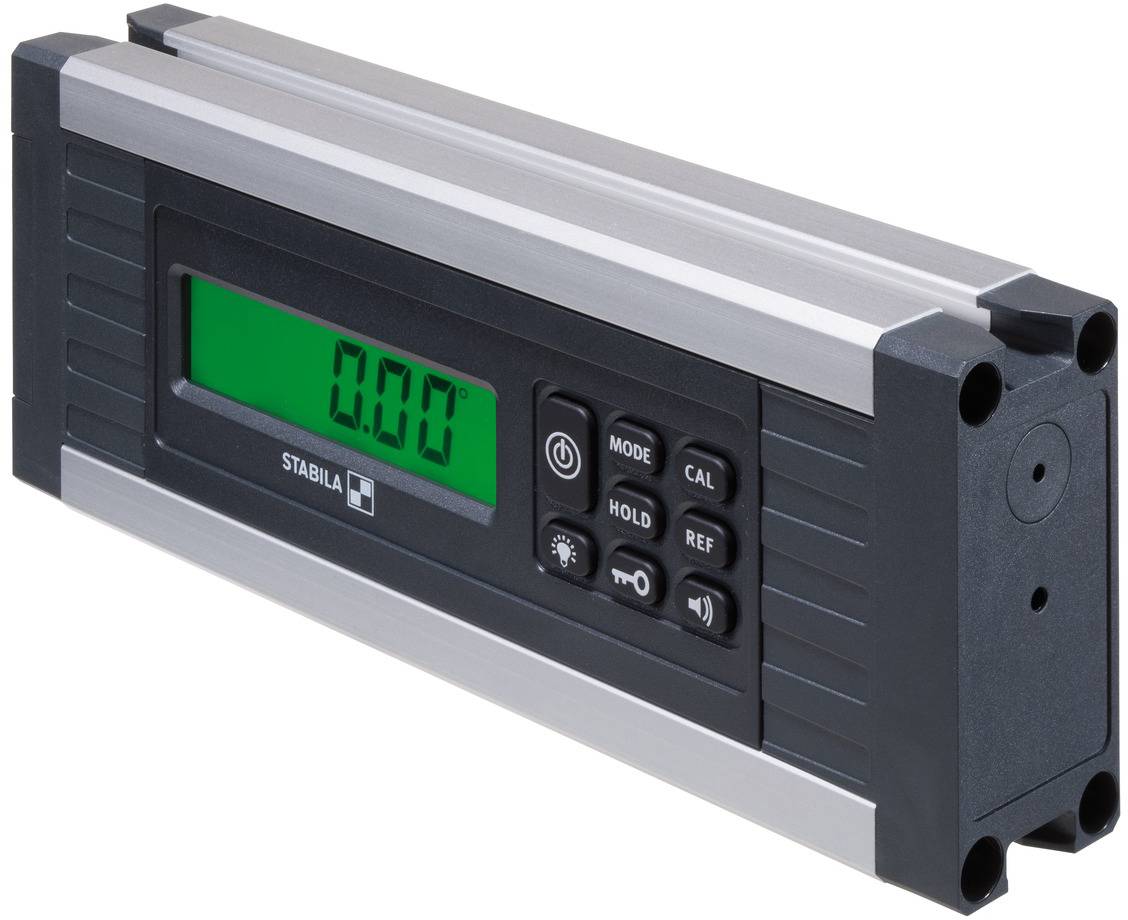 Digitale hoekmeter met groot display toont '0.00'. Vier toetsen met functies: Modus, Kalibratie, Vasthouden en Referentie.