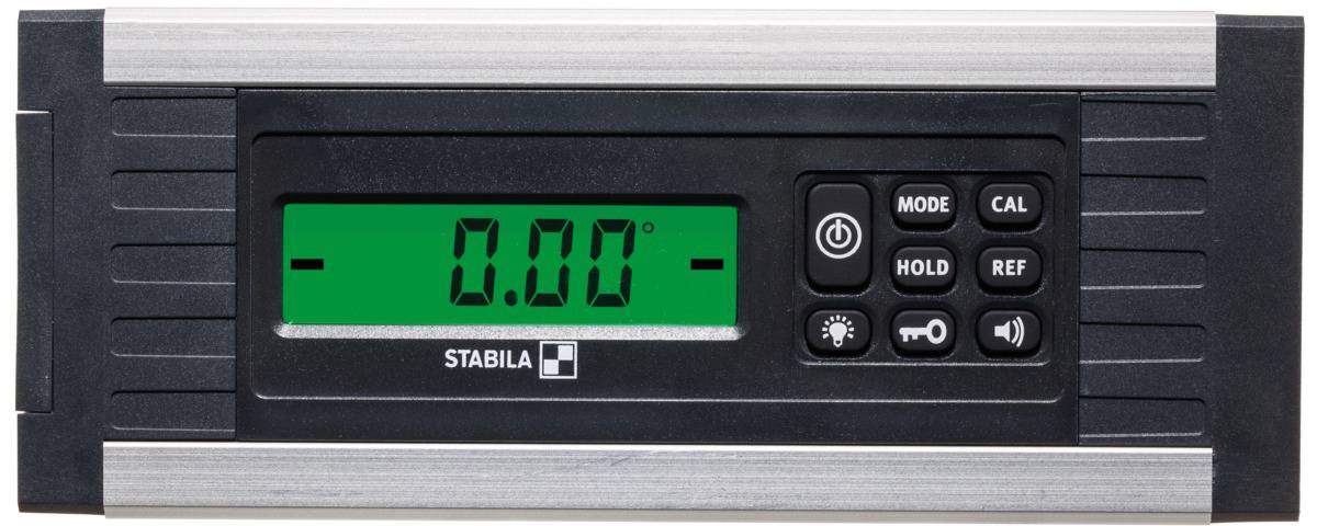 Digitale hoekmeter met groen display toont '0.00°'. Rechts bevinden zich toetsen voor modus, kalibratie, vasthouden en referentie.