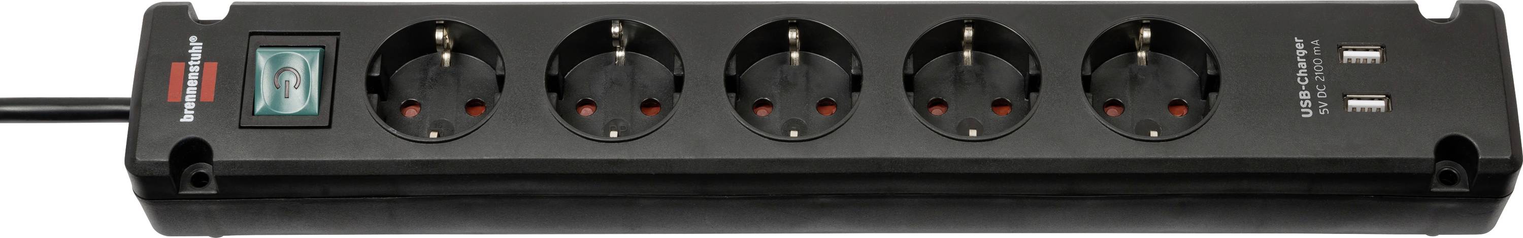 Zwart stroomverdeler met zes stopcontacten met verlichte schakelaar aan de linkerkant en twee USB-laadpoorten aan de rechterkant.