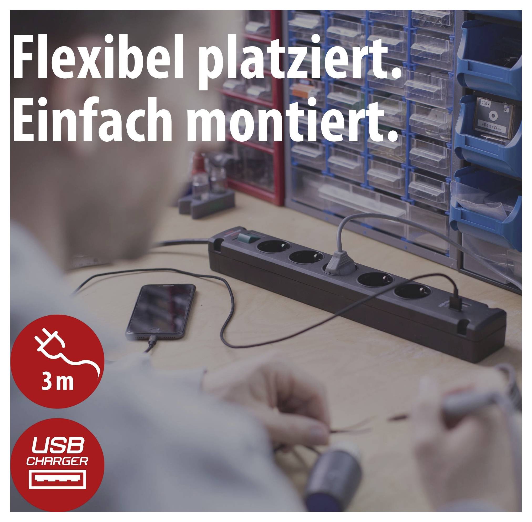 Reclame voor een stekkerdosenreeks met USB-lader: 'Flexibel geplaatst. Eenvoudig gemonteerd.' plus verwijzing naar 3 m kabel.
