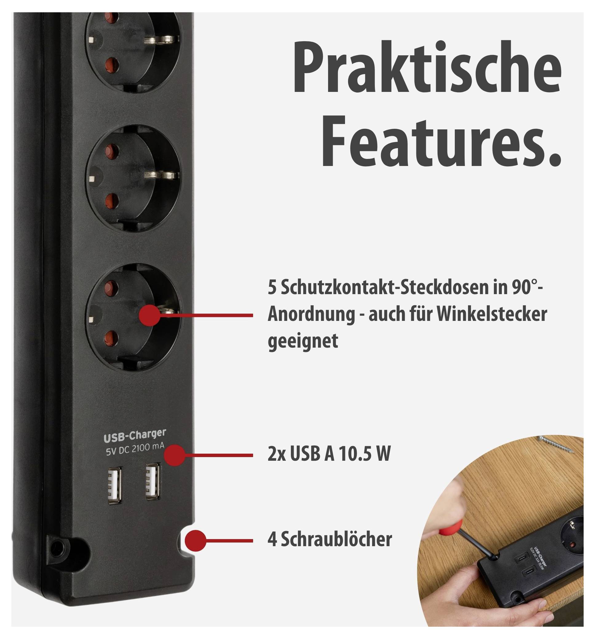 Advertentiafgrafiek van een stekkerdoos met 'Praktische functies': 5 randaarde-contactdozen, 2 USB-A-poorten, 4 schroefgaten; gebruik op het bureau weergegeven.
