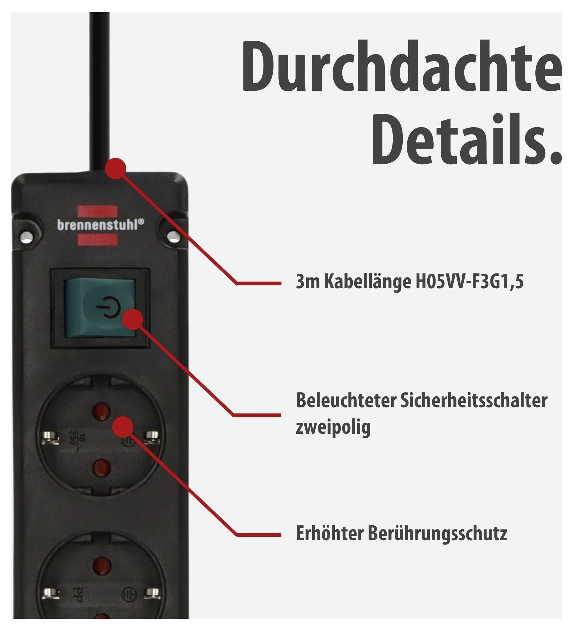 Advertentiegrafiek van een meervoudige stekkerdoos met gemarkeerde functies: 3 m kabel H05VV-F3G1,5, verlichte tweepolige veiligheidsschakelaar en verhoogde aanraakingsbeveiliging.