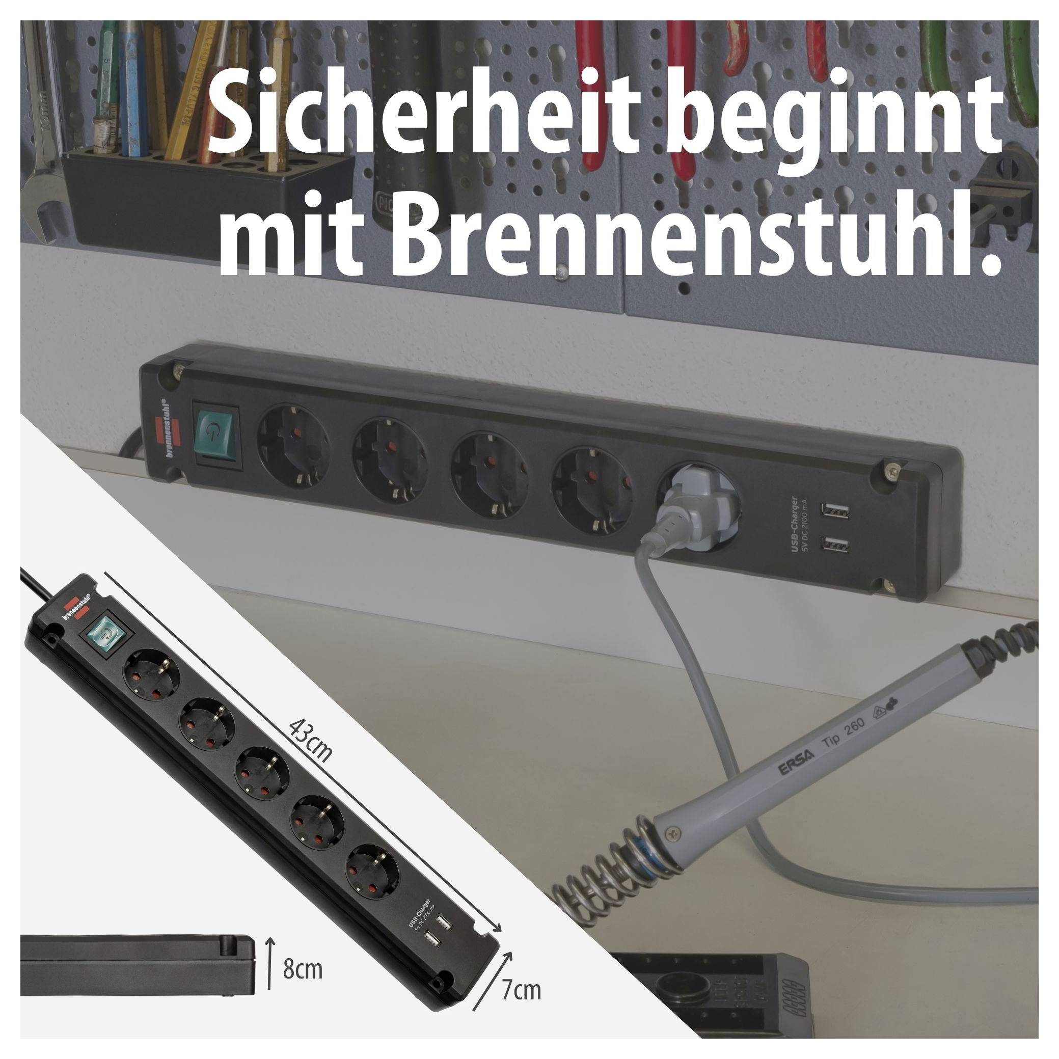 Wandstekkerstrip van Brennenstuhl: 5-voudig, 43 cm lang, met schakelaar, USB-aansluitingen en 3,7 cm diepte; slogan 'Veiligheid begint met Brennenstuhl.'