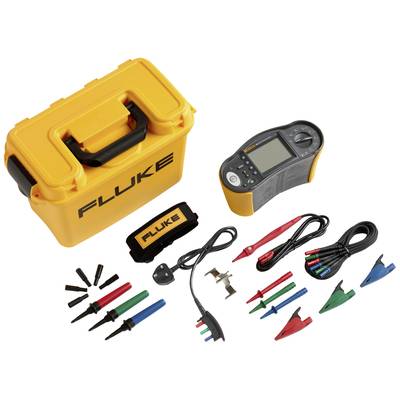 Elektronische testapparatuur-set met gele koffer, meetapparaat, klemmen en toebehoren. Geschikt voor elektrische metingen en tests.