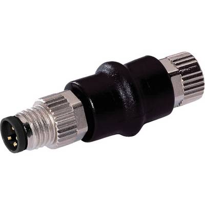 Een zwarte, cilindrische M8-connector met vier pinnen, aan beide uiteinden voorzien van metalen schroefaansluitingen, bruikbaar voor elektrische verbindingen.