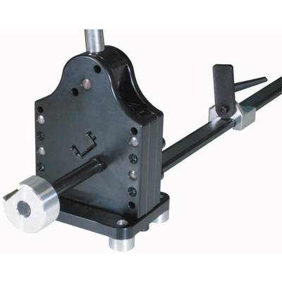 Onderdeel voor machinebouw met hefboom en stang voor afstelling. Rechthoekige basis en cilindrische componenten, vermoedelijk deel van een spaninrichting.